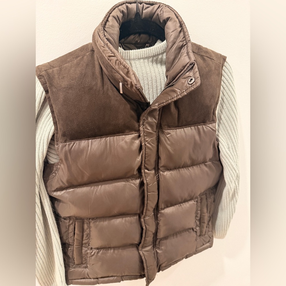 ZARA Man Chocolate Brown Suede-Panel Puffer Vest — Size Small